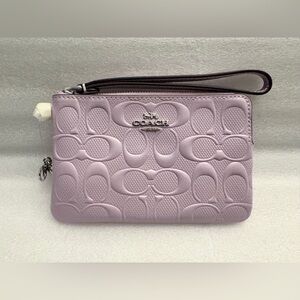 Coach Pastel Lavender Signature Debossed Leather Large Zip Wristlet Wallet NWT